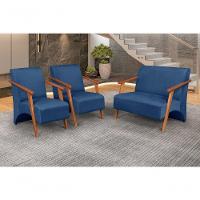 Conjunto Venus Braços Em Madeira Maciça 1 Namoradeira 2 Poltronas Suede Unidecor Azul Bic - 4