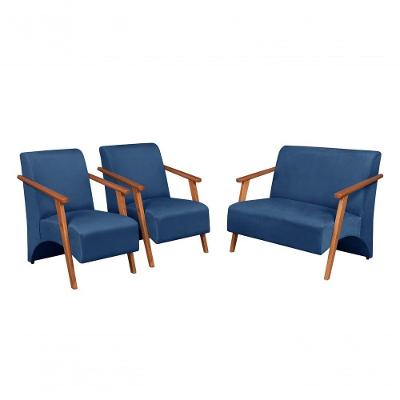 Conjunto Venus Braços Em Madeira Maciça 1 Namoradeira 2 Poltronas Suede Azul Bic