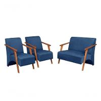 Conjunto Venus Braços Em Madeira Maciça 1 Namoradeira 2 Poltronas Suede Azul Bic - 1