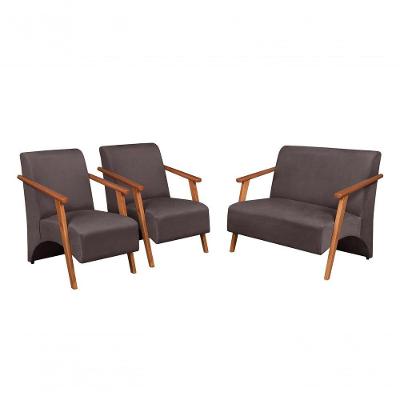 Conjunto Venus Braços Em Madeira Maciça 1 Namoradeira 2 Poltronas Suede Unidecor Marrom