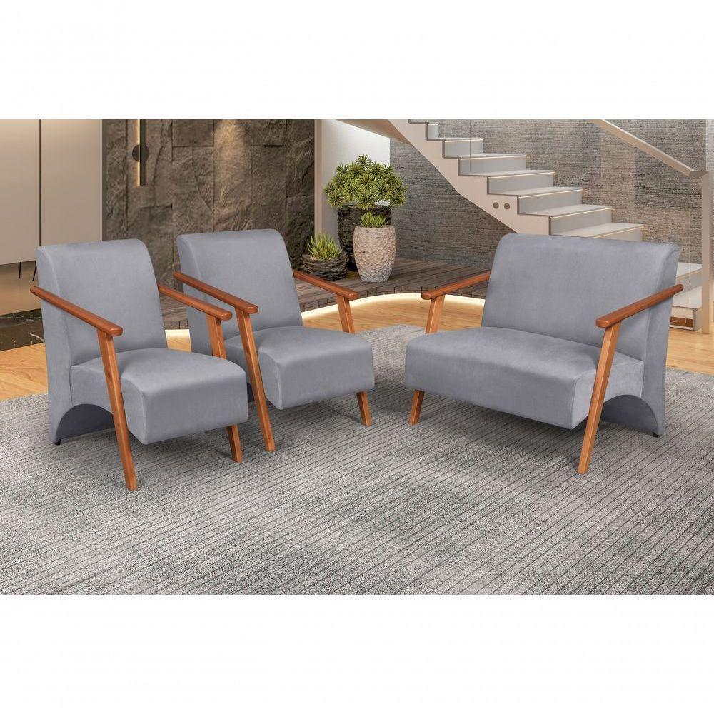 Conjunto Venus Braços Em Madeira Maciça 1 Namoradeira 2 Poltronas Suede Unidecor Grafite - 4