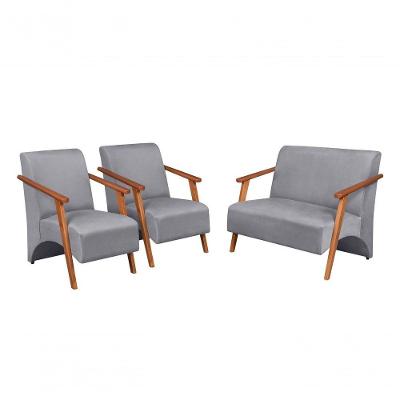 Conjunto Venus Braços Em Madeira Maciça 1 Namoradeira 2 Poltronas Suede Unidecor Grafite