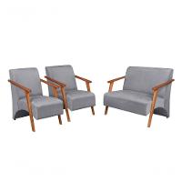 Conjunto Venus Braços Em Madeira Maciça 1 Namoradeira 2 Poltronas Suede Unidecor Grafite - 1