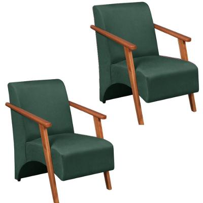 Kit 2 Poltrona Venus 1 Lugar Braço Madeira Maciça Tecido Suede Verde