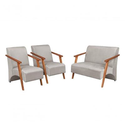 Conjunto Venus Braços Em Madeira Maciça 1 Namoradeira 2 Poltronas Suede Unidecor Bege