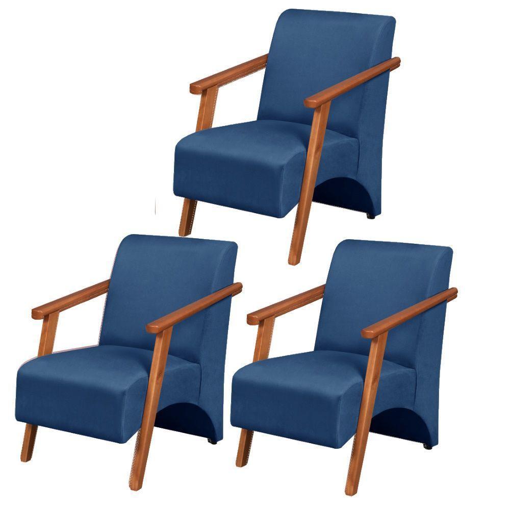 Kit 3 Poltronas Venus 1 Lugar Braço Madeira Maciça Tecido Suede Azul Bic - 1