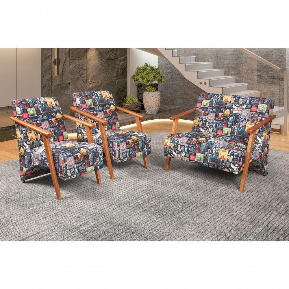 Conjunto Venus Braços Em Madeira Maciça 1 Namoradeira 2 Poltronas Estampada Retro Bar 107 - 6