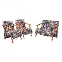 Conjunto Venus Braços Em Madeira Maciça 1 Namoradeira 2 Poltronas Estampada Retro Bar 107 - 1