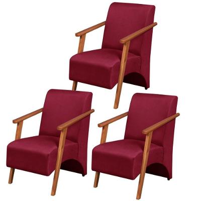 Kit 3 Poltronas Venus 1 Lugar Braço Madeira Maciça Tecido Suede Bordô
