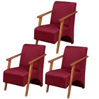 Kit 3 Poltronas Venus 1 Lugar Braço Madeira Maciça Tecido Suede Bordô - 1