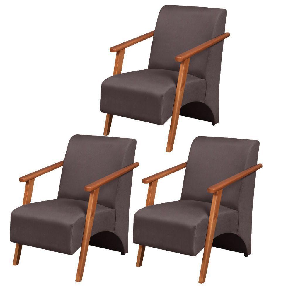 Kit 3 Poltronas Venus 1 Lugar Braço Madeira Maciça Tecido Suede Marrom - 1