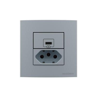 Placa Para Móveis 80x80 Com Tomada Usb-c 2a 10w E Tomada 2p+t 20a Margirius Sleek Cinza Cinza