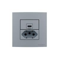 Placa Para Móveis 80x80 Com Tomada Usb-c 2a 10w E Tomada 2p+t 20a Margirius Sleek Cinza Cinza - 1