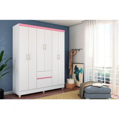 Guarda Roupa Solteiro Bremen 6 Portas 2 Gavetas Branco-Rosa-Branco MDP Demóbile