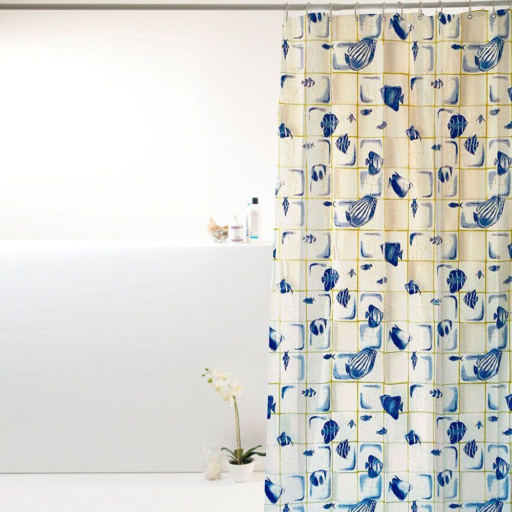 Coina Box Peva Peixes Azuis 180x160cm - Uzoo Cortina Box Peva 1.80x1.60m Concha Azul-branco 818917 - 2