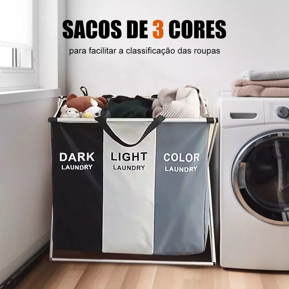 Cesto Dobrável De Roupa Suja 3 Divisórias – Organizador Com - 6