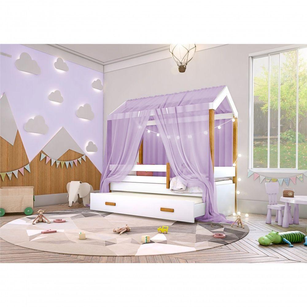 Cama Montessori Com Auxiliar Cordão Led E Dossel Lilás - 2