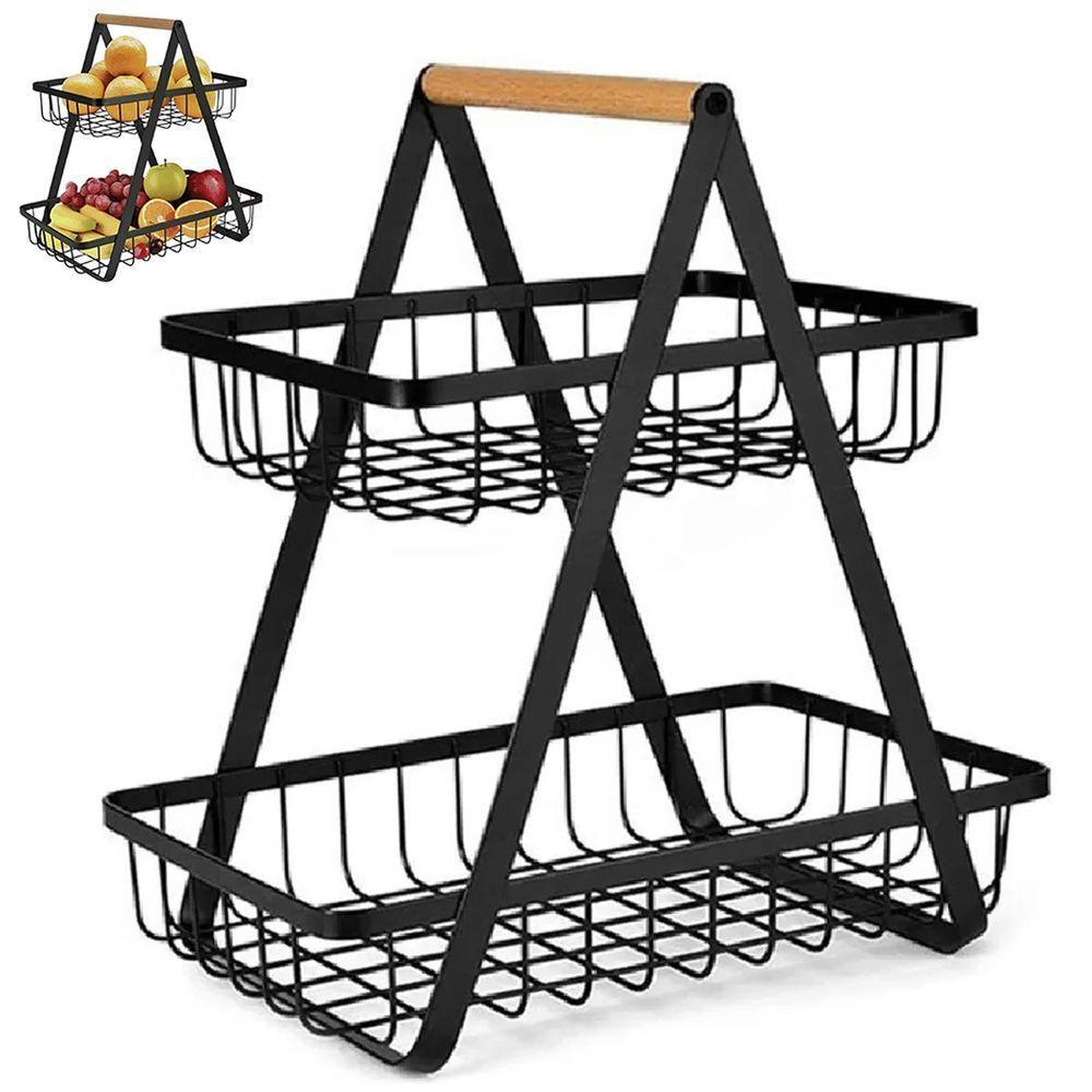 Fruteira Cesto Duplo Aramado Organizador Fruta Legume Bancada Mesa Cozinha Multiuso Armario Escritorio Estante Moderno - 1