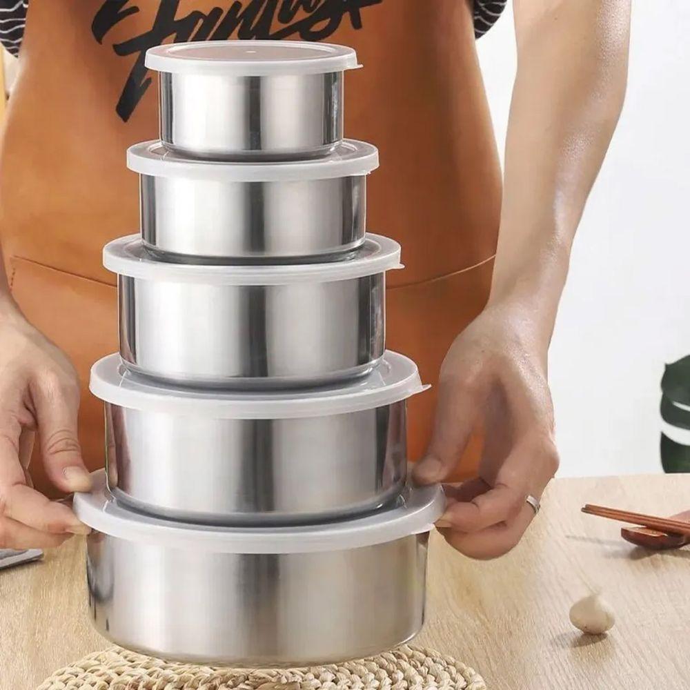 Jogo 5 Potes Inox Com Tampa Vasilha Marmita Conjunto Armazenamento Refeiçao Alimento Organizaçao Empilhavel Resistente - 3
