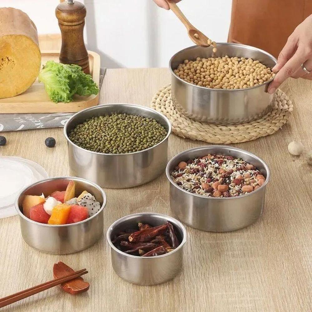 Jogo 5 Potes Inox Com Tampa Vasilha Marmita Conjunto Armazenamento Refeiçao Alimento Organizaçao Empilhavel Resistente - 4