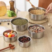 Jogo 5 Potes Inox Com Tampa Vasilha Marmita Conjunto Armazenamento Refeiçao Alimento Organizaçao Empilhavel Resistente