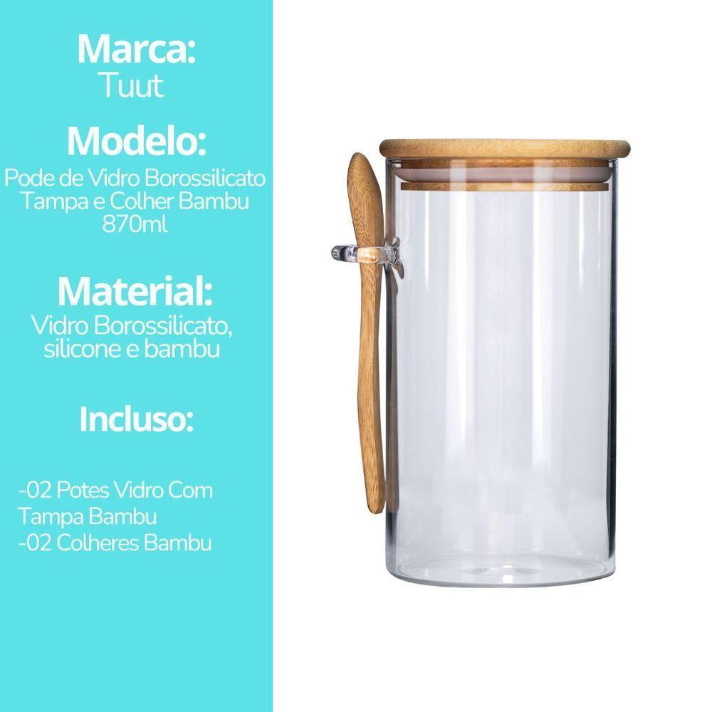 Jogo 2 Potes Vidro Hermético 870ml Com Tampa Bambu E Colher Bambu - Tuut - 5