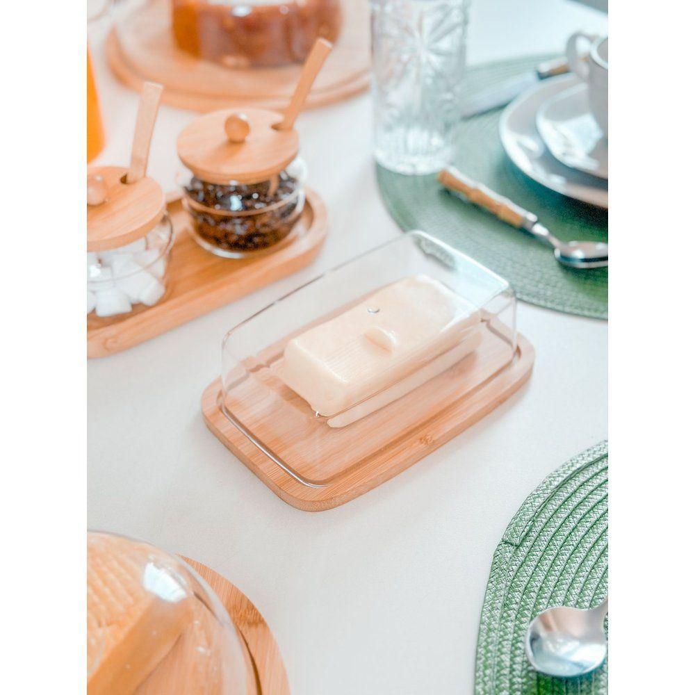 Kit Café Da Manhã Bambu - 8 Itens Boleira + Manteigueira + jarra + queijeira + porta Frios + 2 Potes + bandeja - 4