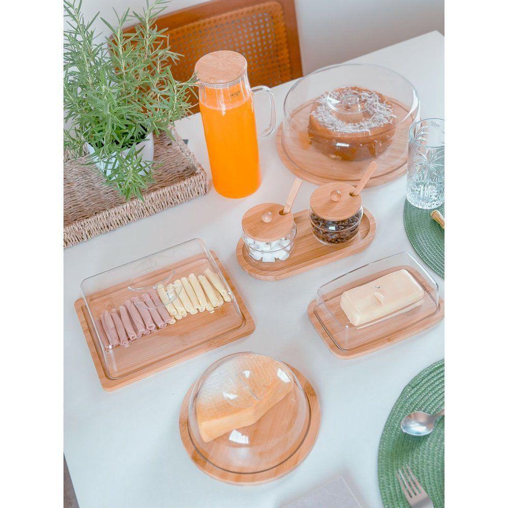 Kit Café Da Manhã Bambu - 8 Itens Boleira + Manteigueira + jarra + queijeira + porta Frios + 2 Potes + bandeja - 5