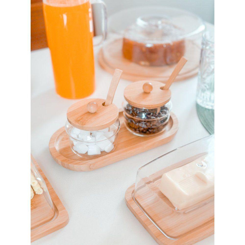 Kit Café Da Manhã Bambu - 8 Itens Boleira + Manteigueira + jarra + queijeira + porta Frios + 2 Potes + bandeja - 6