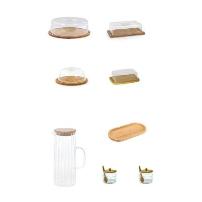 Kit Café Da Manhã Bambu - 8 Itens Boleira + Manteigueira + jarra + queijeira + porta Frios + 2 Potes + bandeja