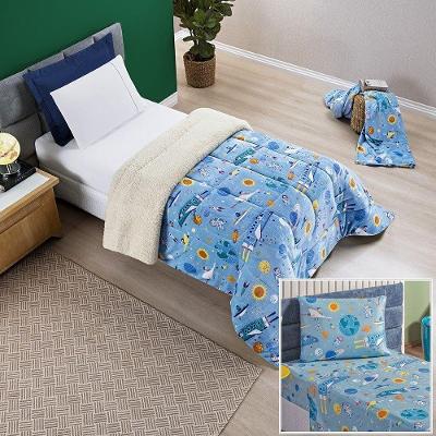 Kit Coberdrom + Jogo De Cama Bouti Kids Solteiro 04 Peças 100% Poliéster - Astronauta