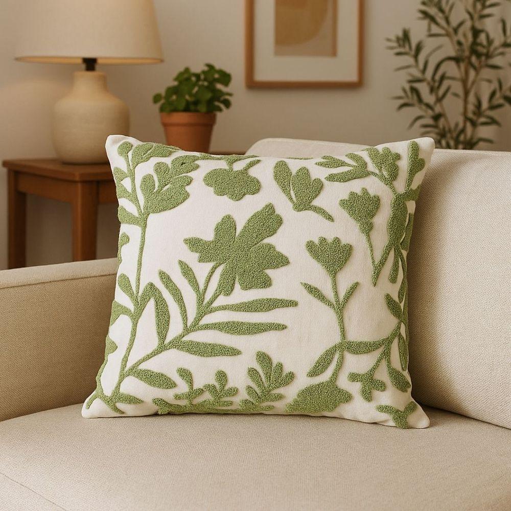 Capa De Almofada Tecido Garden Luxo Folhagens Creme E Verde 42x42cm - Jolitex - 2