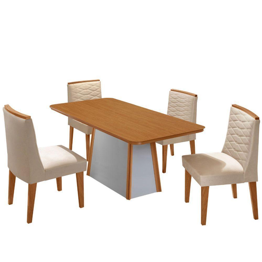 Mesa De Jantar Diane 120cm Tampo Mdf Lam 4 Cadeiras Eloise Moderna Veludo Creme Naturale Off White - 2