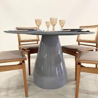 Mesa De Jantar Cone Balonê Redonda 140 Cm Tampo Laca Cinza + Vidro Base Cinza Cor Cinza