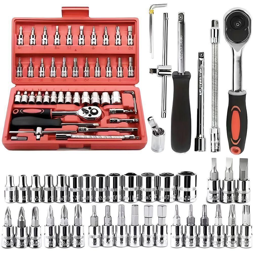 Kit De Ferramentas 46 Peças Soquetes De Aço Chaves Catraca Reversível Multiuso Maleta Resistente - 2