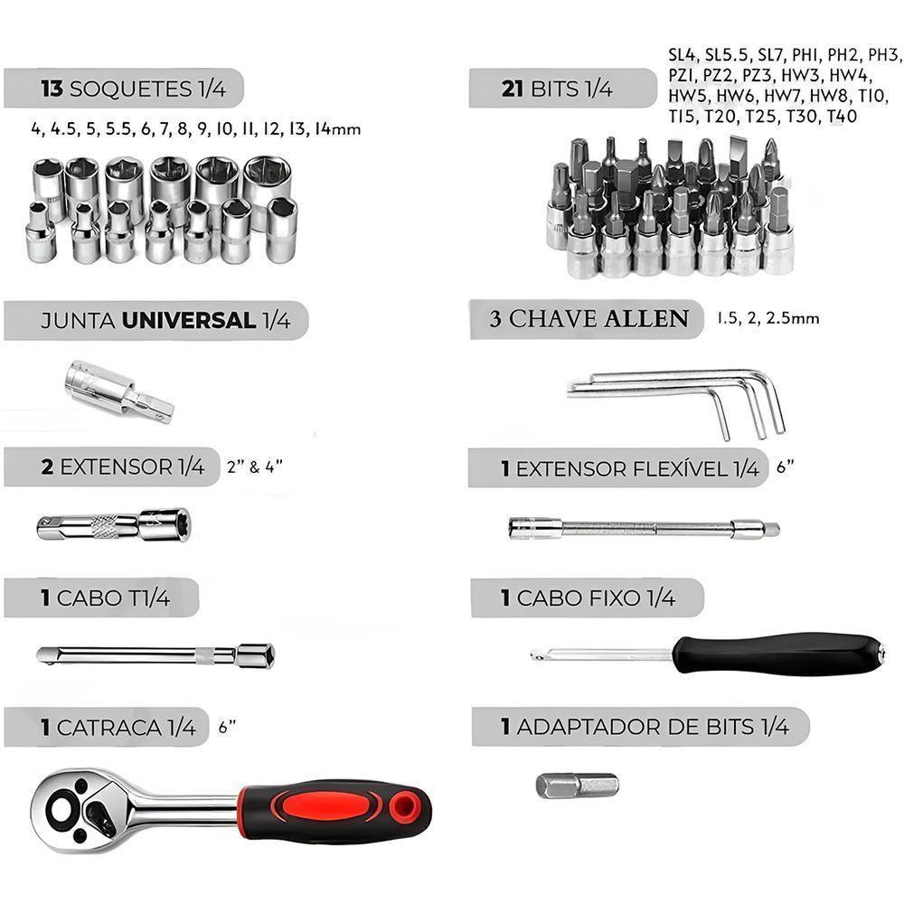 Kit Profissional De Ferramentas 46 Peças Jogo De Soquete Sextavado Aço Chave Catraca Maleta - 3