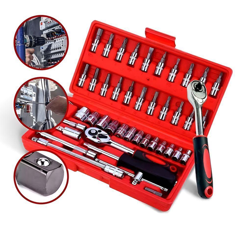 Kit Profissional De Ferramentas 46 Peças Jogo De Soquete Sextavado Aço Chave Catraca Maleta - 5