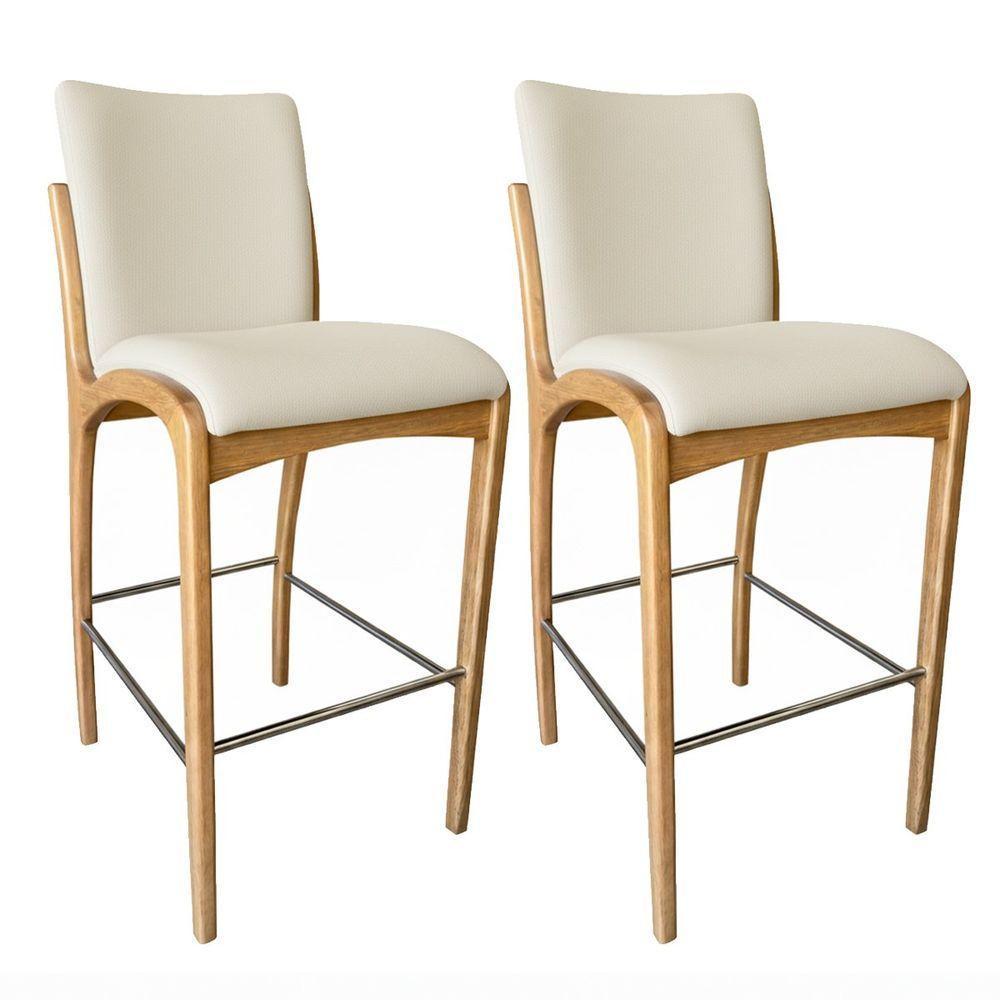 Kit 2 Banqueta Aura Alta Madeira Maciça E Courino Branco Design Moderno Conforto Com Apoio Para Pés Mobília Decor - 2