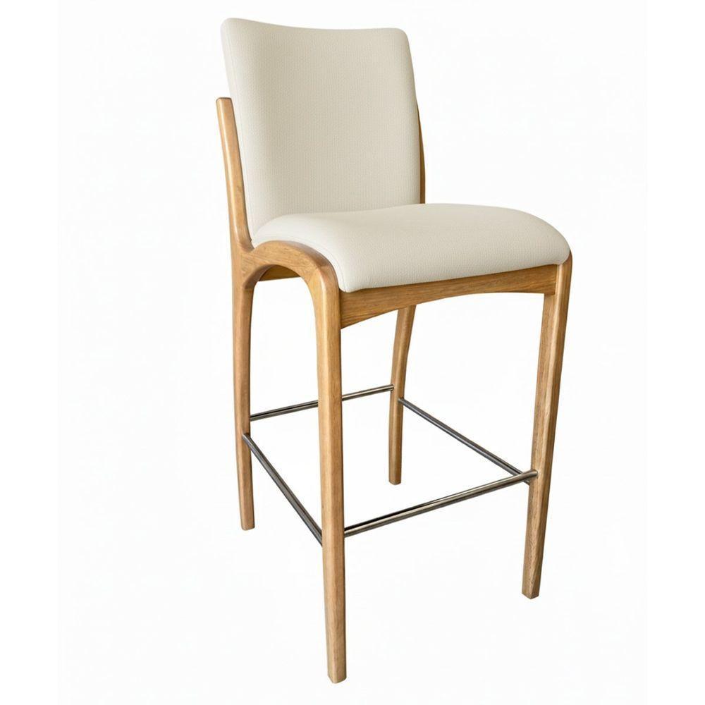 Kit 2 Banqueta Aura Alta Madeira Maciça E Courino Branco Design Moderno Conforto Com Apoio Para Pés Mobília Decor - 8