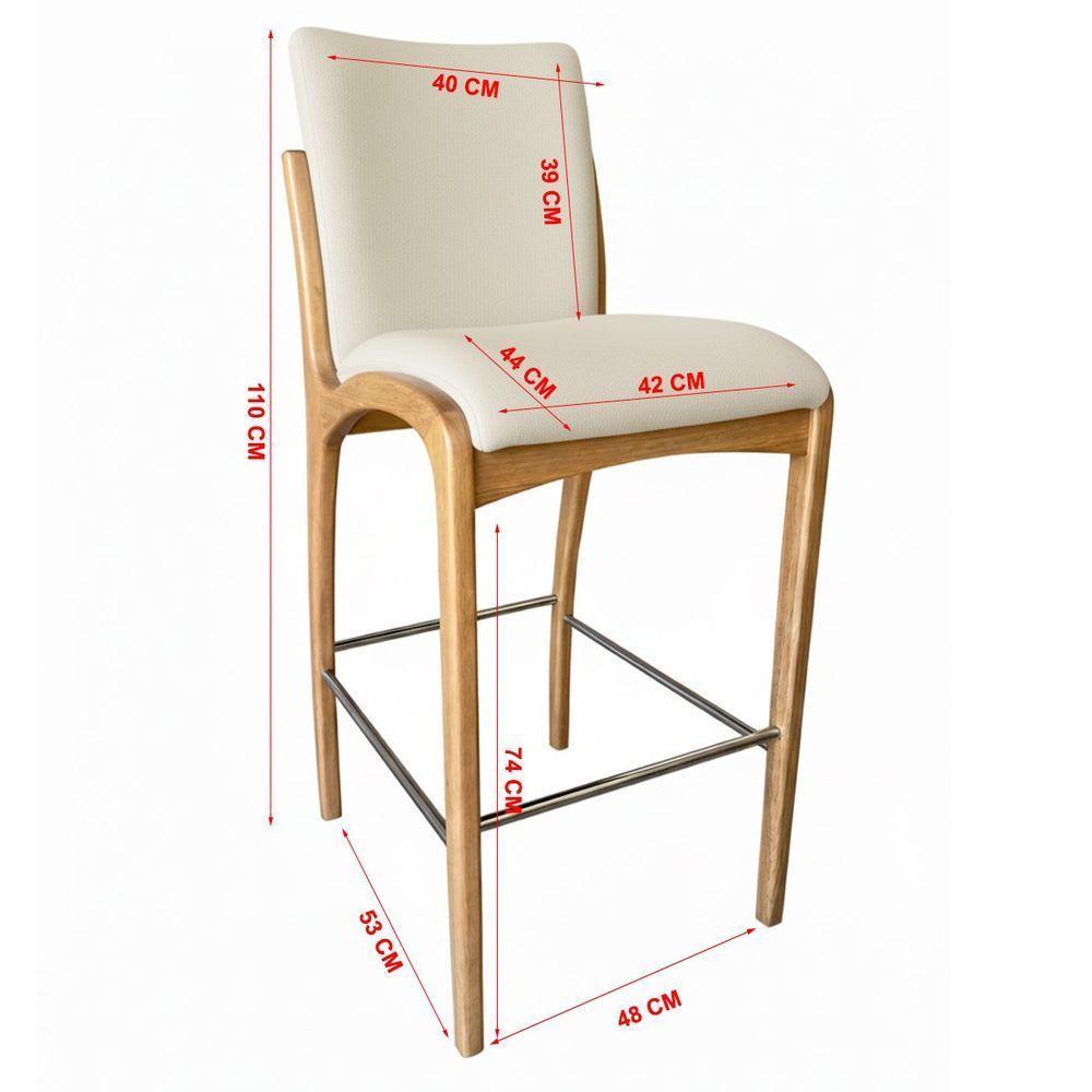 Kit 2 Banqueta Aura Alta Madeira Maciça E Courino Branco Design Moderno Conforto Com Apoio Para Pés Mobília Decor - 9