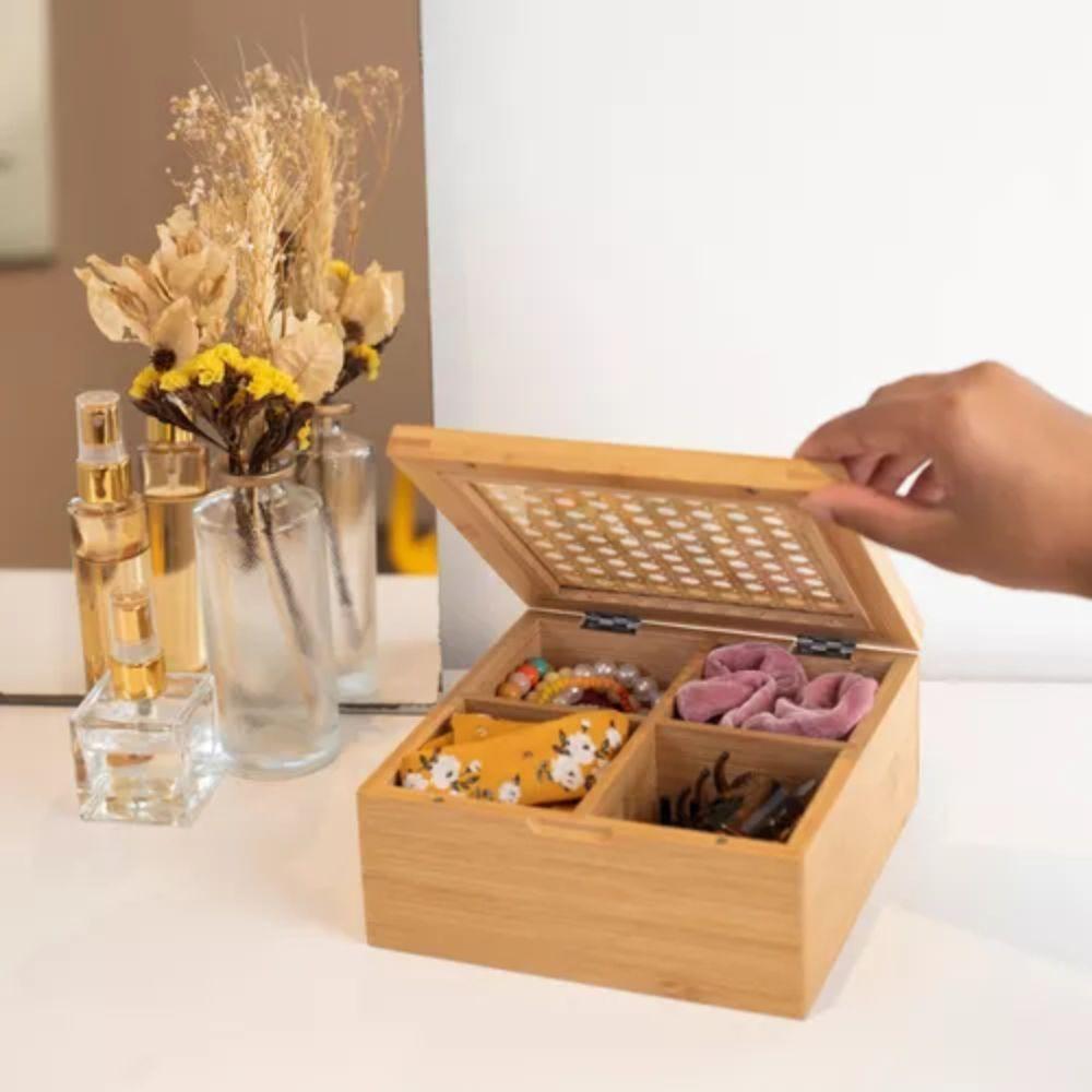 Caixa Organizadora Bambu Divisórias E Tampa Em Treliça 17x17x7,5cm Wolff - 5