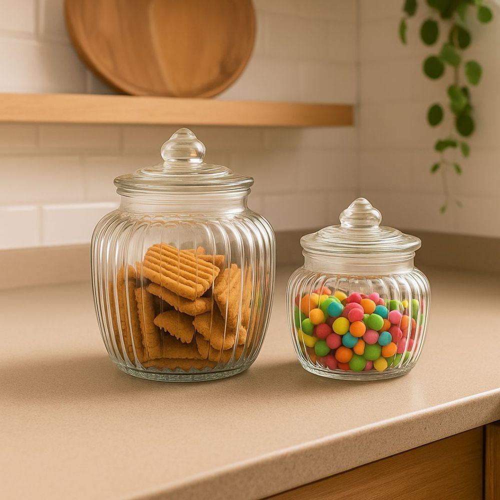 Kit 2 Potes Baleiro Vidro Transparente Canelado Tampa Hermética 1400ml E 600ml - Tuut - 4