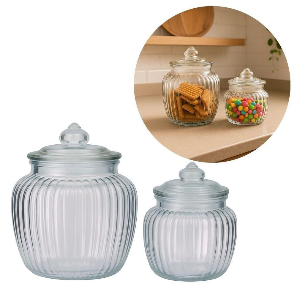 Kit 2 Potes Baleiro Vidro Transparente Canelado Tampa Hermética 1400ml E 600ml - Tuut - 5