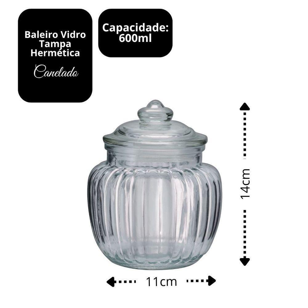 Baleiro Vidro Canelado Transparente Decor Tampa Hermética 600ml - Tuut - 5
