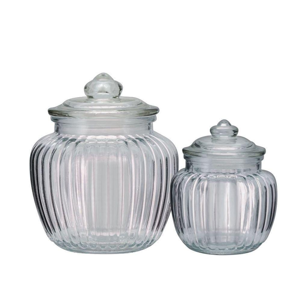 Jogo 2 Potes Baleiro Vidro Transparente Canelado Tampa Hermética 1400ml E 600ml - Tuut - 1