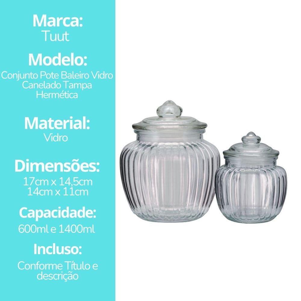 Jogo 2 Potes Baleiro Vidro Transparente Canelado Tampa Hermética 1400ml E 600ml - Tuut - 10