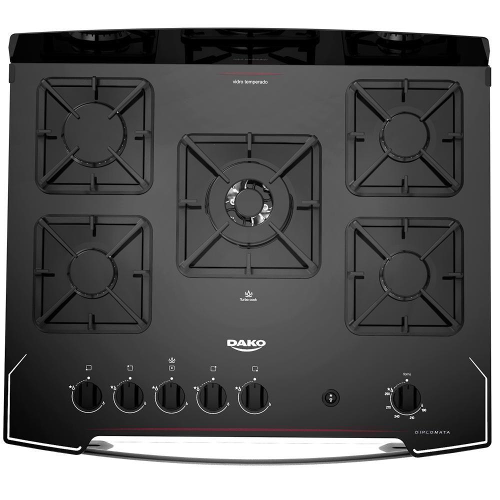 Fogão 5 Bocas Preto Com Tripla Chama Dako Diplomata Mesa De Vidro - 2