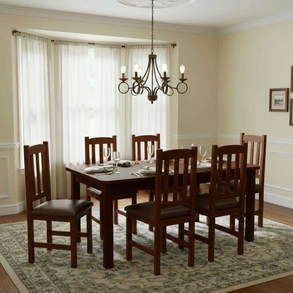 Conjunto Mesa Com 6 Cadeira Estofada Madeira Maciça - Castanho Com Estofado Marrom - 1