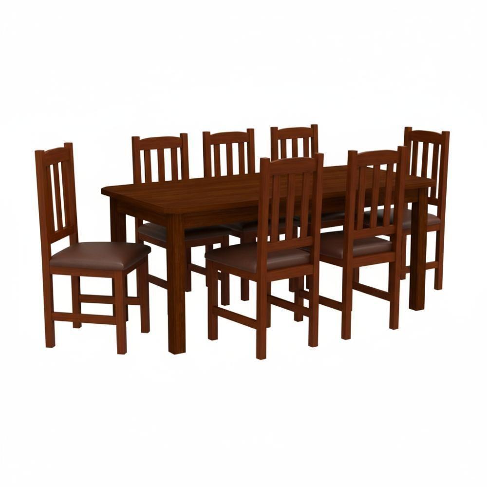 Conjunto Mesa Com 6 Cadeira Estofada Madeira Maciça - Castanho Com Estofado Marrom - 2