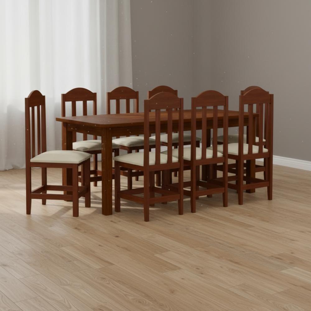 Conjunto Mesa Com 6 Cadeira Estofada Madeira Maciça Bege - Castanho - 1